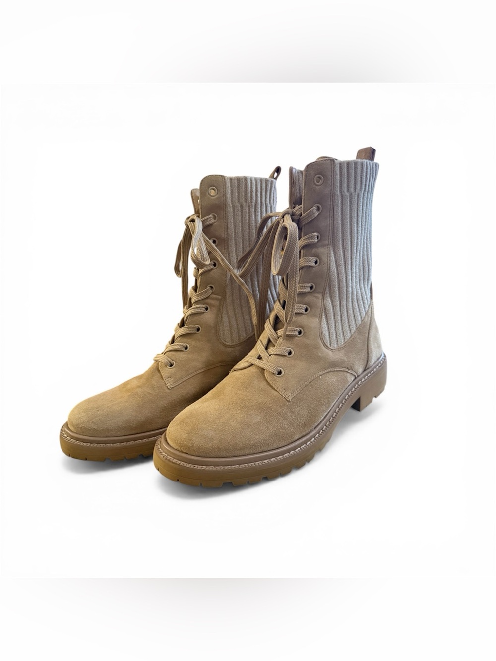 SAM EDELMAN LYDELL KNIT COMBAT BOOTS Beige Suede Lug Sole Sock Boot